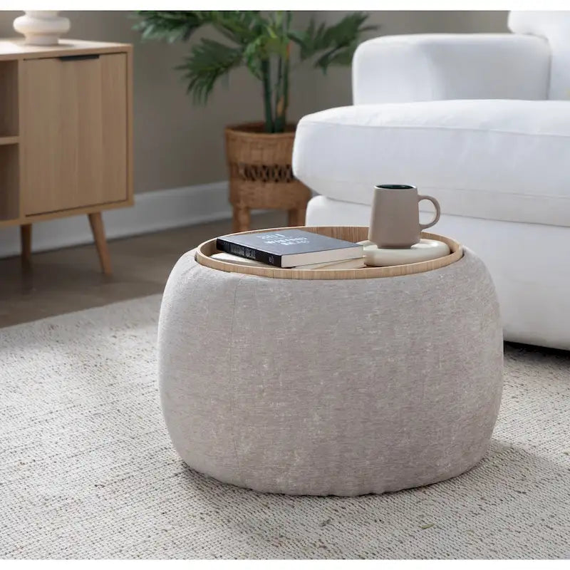 Carson Carrington Astrid Pouf with Natural Wood Tray Top