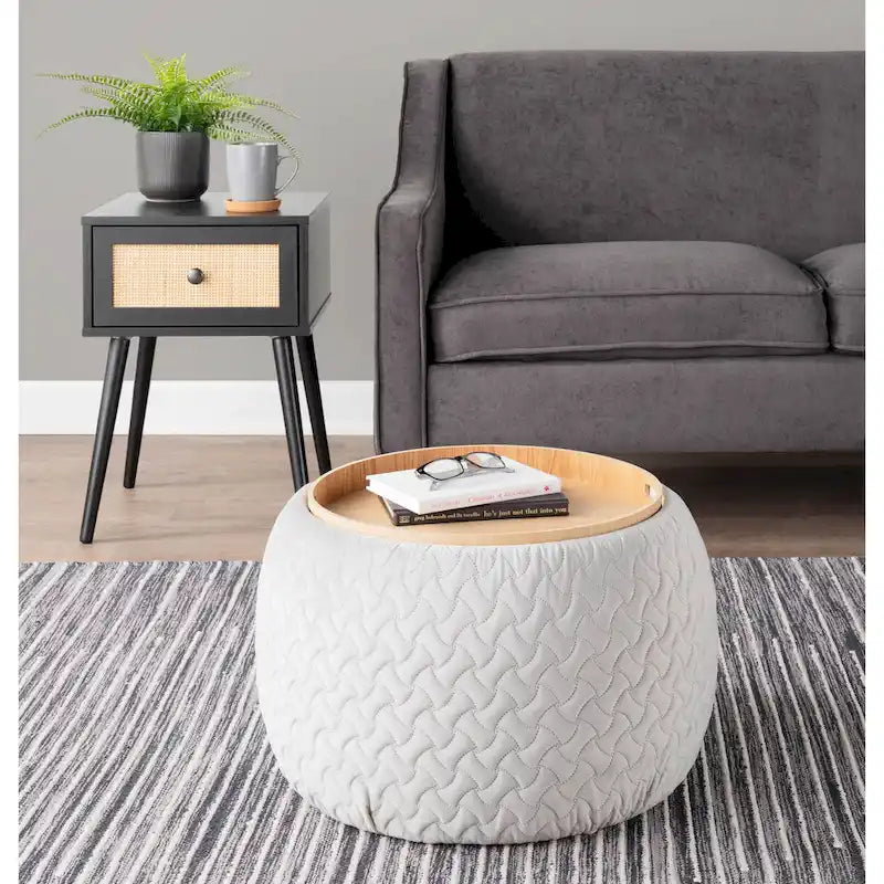 Carson Carrington Astrid Pouf with Natural Wood Tray Top
