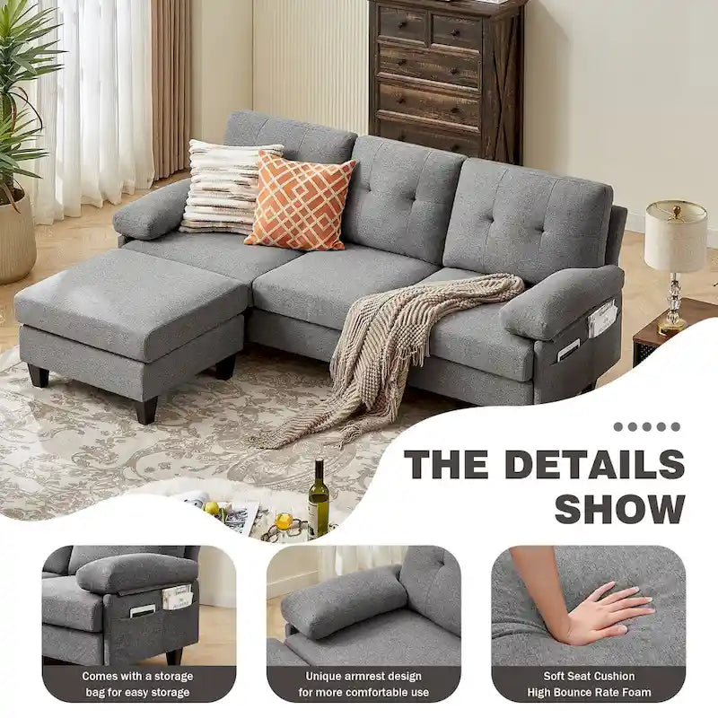 86.22 Wide Sectional Sofa with Ottoman & Side Storage Bags