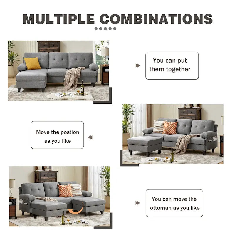 86.22 Wide Sectional Sofa with Ottoman & Side Storage Bags