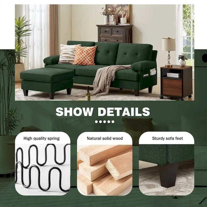 86.22 Wide Sectional Sofa with Ottoman & Side Storage Bags