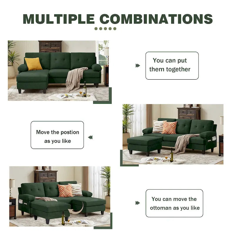 86.22 Wide Sectional Sofa with Ottoman & Side Storage Bags