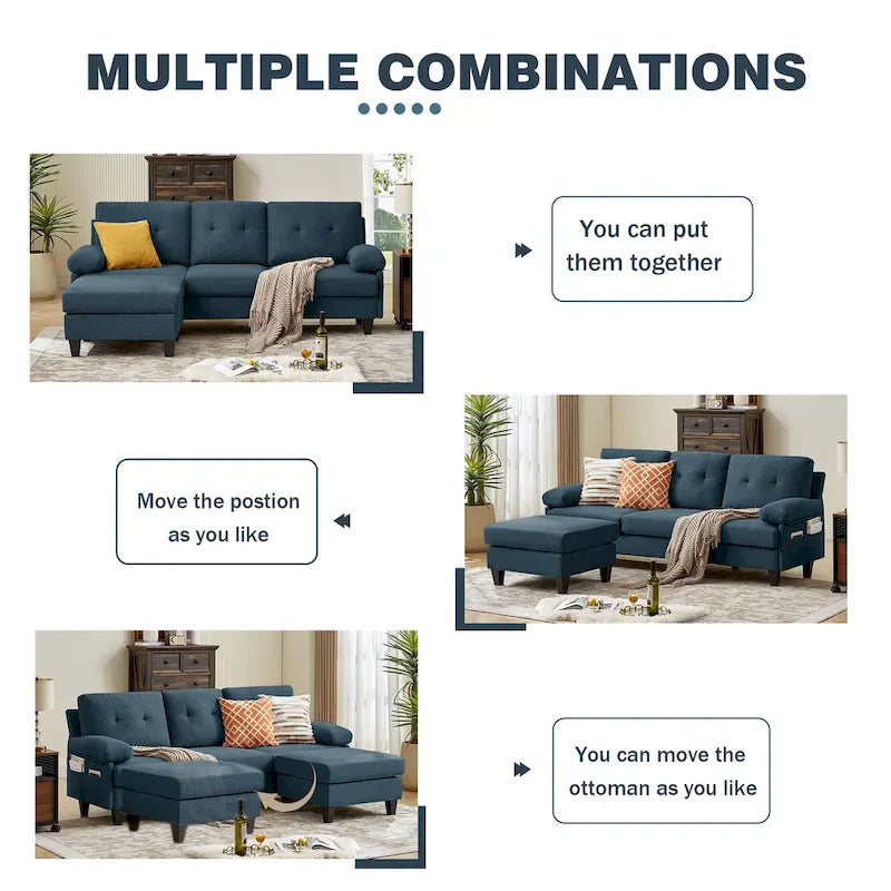 86.22 Wide Sectional Sofa with Ottoman & Side Storage Bags