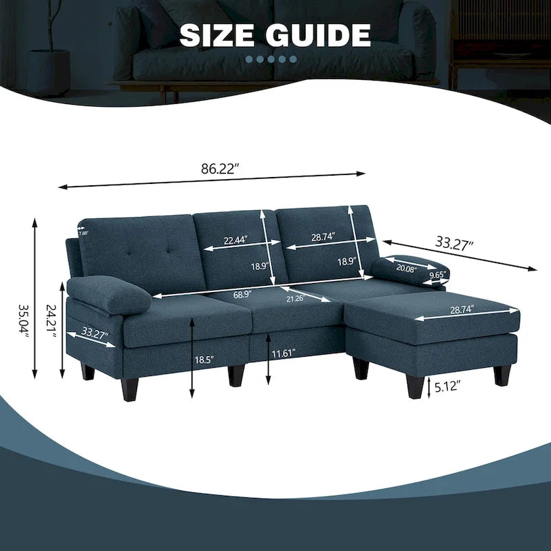 86.22 Wide Sectional Sofa with Ottoman & Side Storage Bags