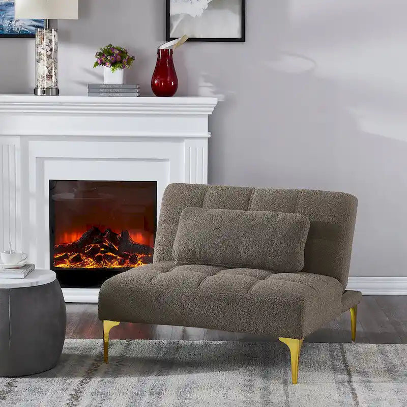 Convertible Futon Teddy Fabric Sofa Bed With Gold Metal Legs