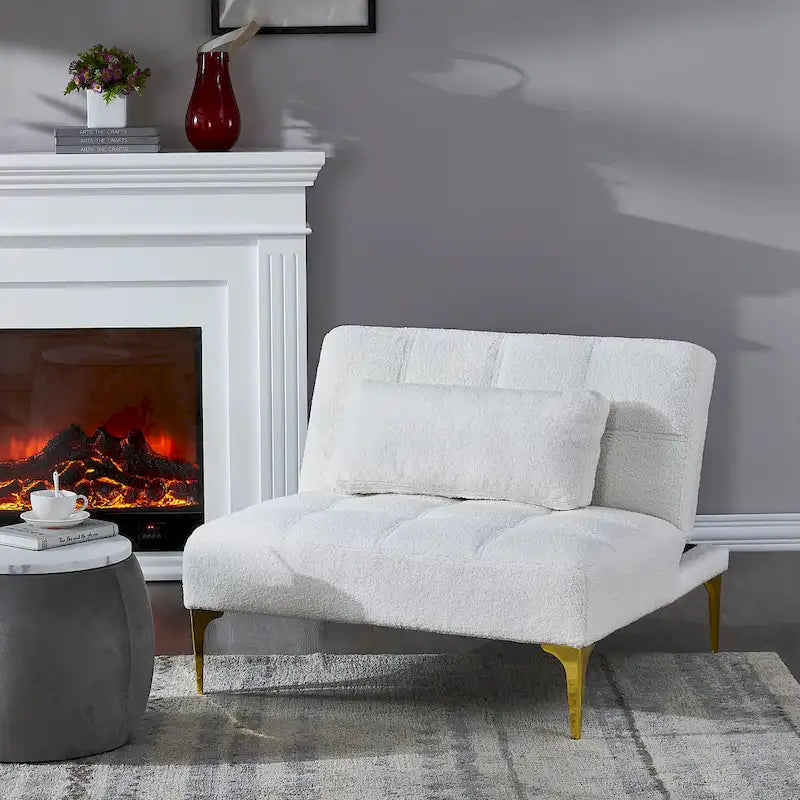 Convertible Futon Teddy Fabric Sofa Bed With Gold Metal Legs