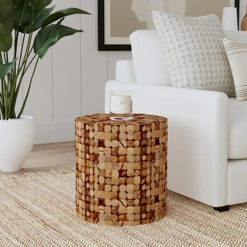 Round Coconut Shell Mosaic Accent Table by East at Main