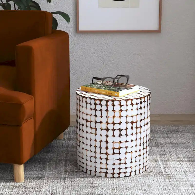 Round Coconut Shell Mosaic Accent Table by East at Main