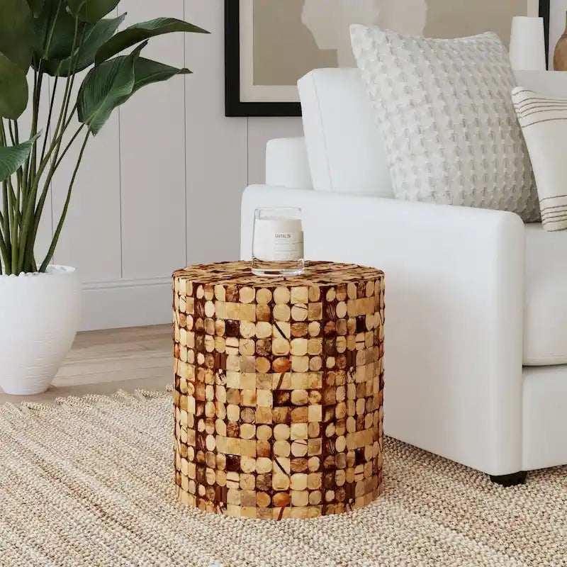 Round Coconut Shell Mosaic Accent Table by East at Main