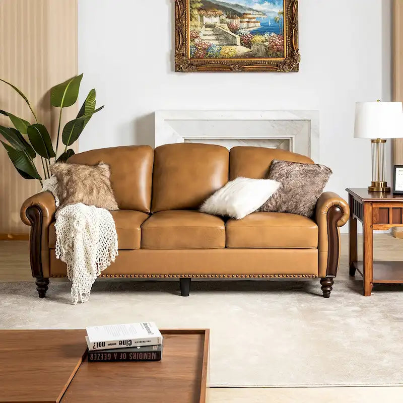 Eduard 84 Traditional Genuine Leather Sofa with Carved Wood Legs by HULALA HOME