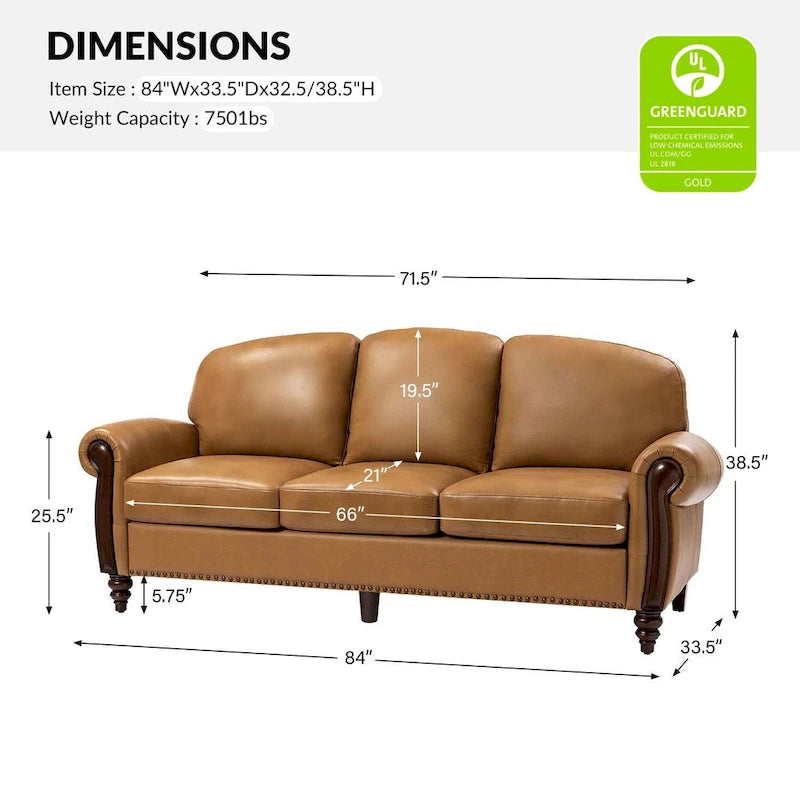 Eduard 84 Traditional Genuine Leather Sofa with Carved Wood Legs by HULALA HOME