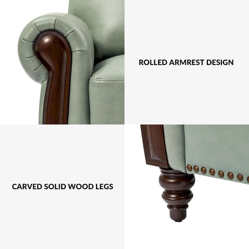 Eduard 84 Traditional Genuine Leather Sofa with Carved Wood Legs by HULALA HOME