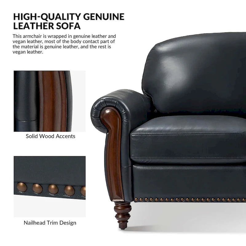 Eduard 84 Traditional Genuine Leather Sofa with Carved Wood Legs by HULALA HOME