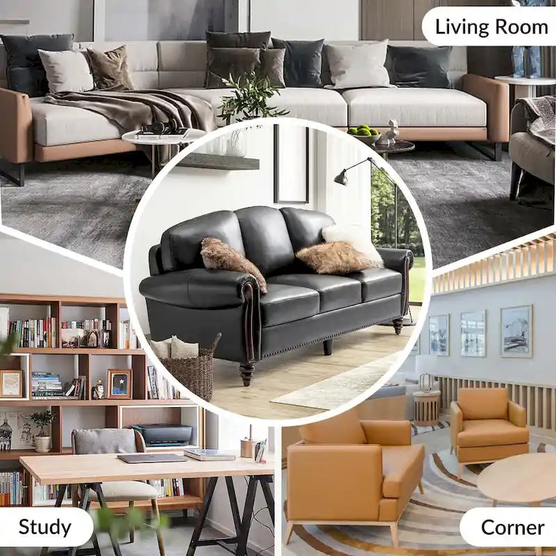 Eduard 84 Traditional Genuine Leather Sofa with Carved Wood Legs by HULALA HOME