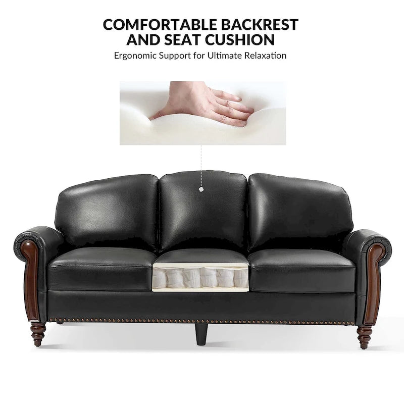 Eduard 84 Traditional Genuine Leather Sofa with Carved Wood Legs by HULALA HOME