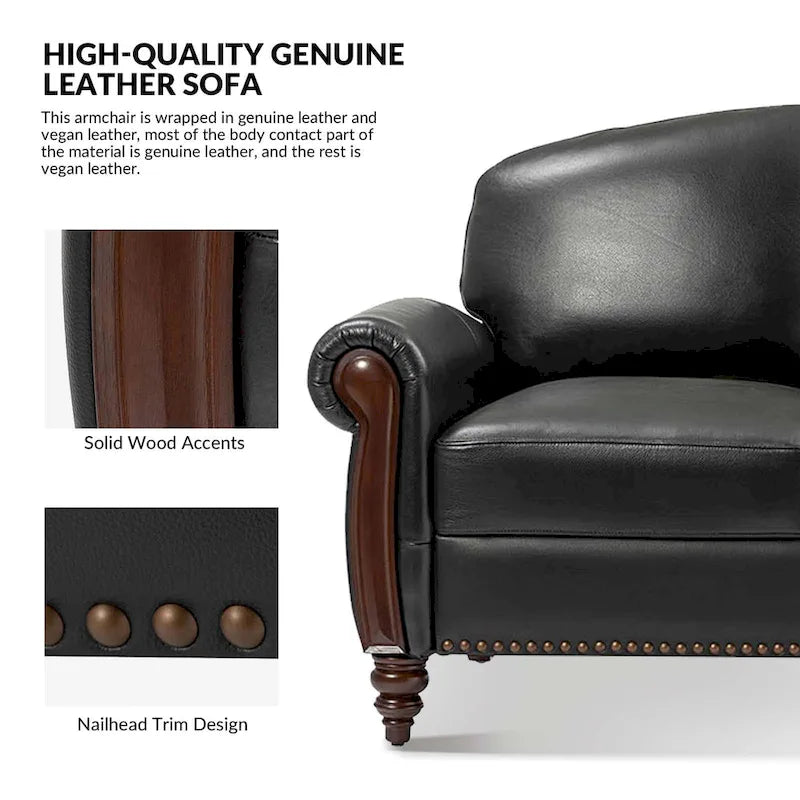 Eduard 84 Traditional Genuine Leather Sofa with Carved Wood Legs by HULALA HOME