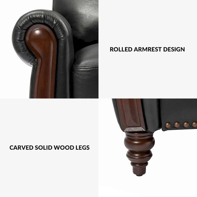 Eduard 84 Traditional Genuine Leather Sofa with Carved Wood Legs by HULALA HOME