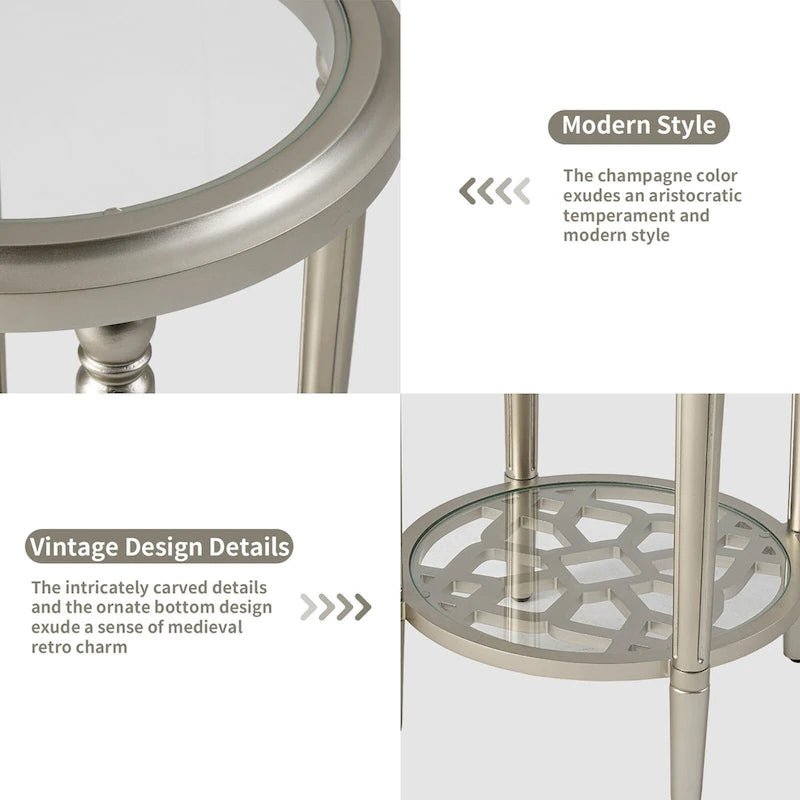 COSIEST 2-Tier Sliver Round Tempered Glass Side Table with Storage Shelf