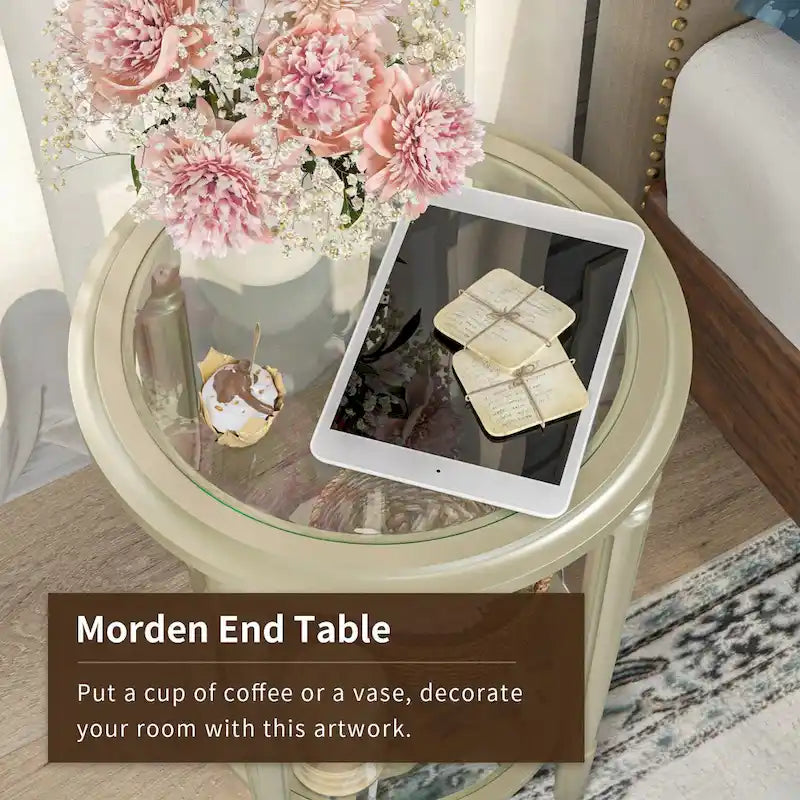 COSIEST 2-Tier Sliver Round Tempered Glass Side Table with Storage Shelf