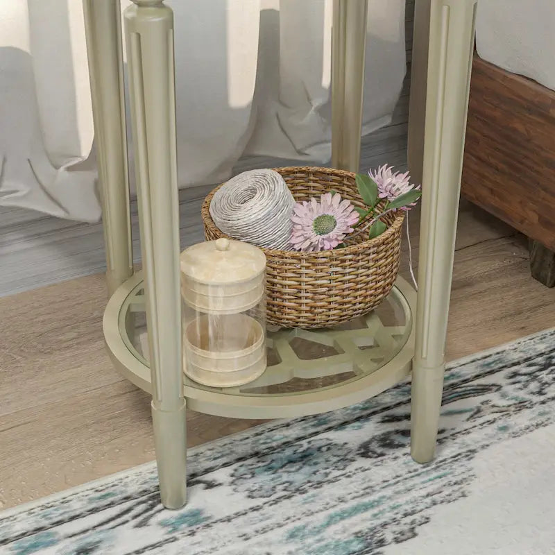 COSIEST 2-Tier Sliver Round Tempered Glass Side Table with Storage Shelf