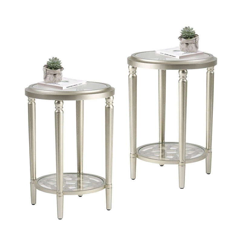 COSIEST 2-Tier Sliver Round Tempered Glass Side Table with Storage Shelf