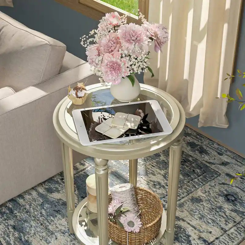 COSIEST 2-Tier Sliver Round Tempered Glass Side Table with Storage Shelf