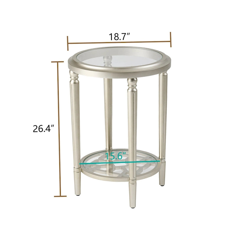 COSIEST 2-Tier Sliver Round Tempered Glass Side Table with Storage Shelf