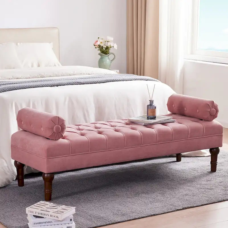 Velvet Bedroom Bench Pink/ Beige/ Blue/ Gray Upholstered Bench with Button-Tufted 60.2.