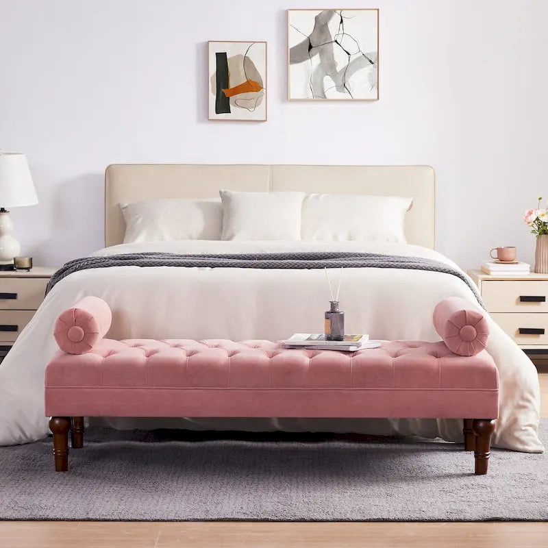 Velvet Bedroom Bench Pink/ Beige/ Blue/ Gray Upholstered Bench with Button-Tufted 60.2.