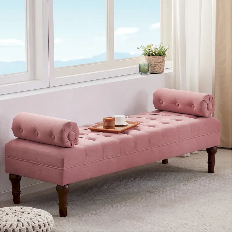 Velvet Bedroom Bench Pink/ Beige/ Blue/ Gray Upholstered Bench with Button-Tufted 60.2.