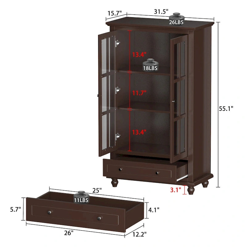 55.1H Buffet Lacquer Sideboard Storage Cabinet Glass Doors Bookcase