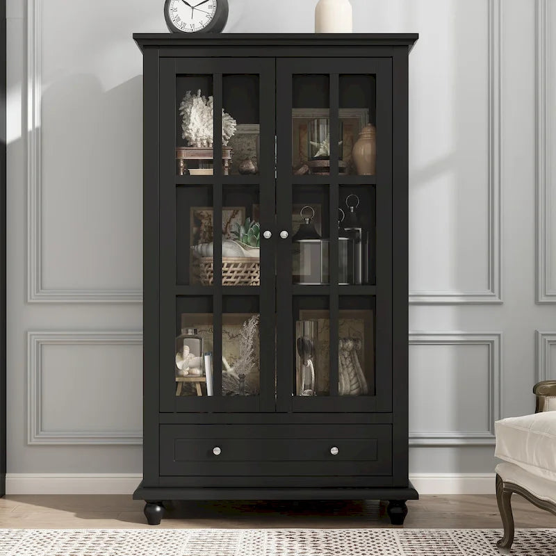 55.1H Buffet Lacquer Sideboard Storage Cabinet Glass Doors Bookcase