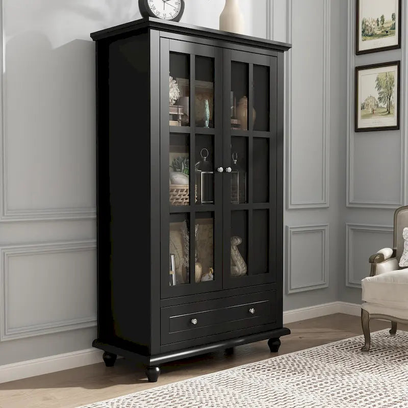 55.1H Buffet Lacquer Sideboard Storage Cabinet Glass Doors Bookcase