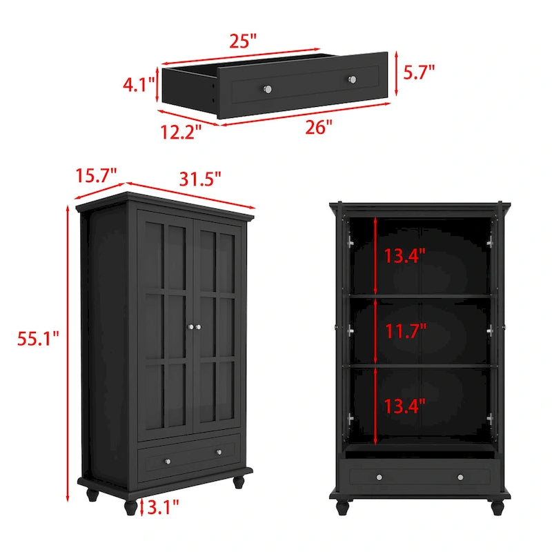 55.1H Buffet Lacquer Sideboard Storage Cabinet Glass Doors Bookcase