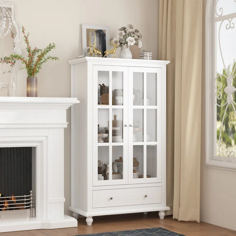 55.1H Buffet Lacquer Sideboard Storage Cabinet Glass Doors Bookcase