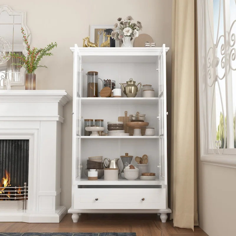 55.1H Buffet Lacquer Sideboard Storage Cabinet Glass Doors Bookcase