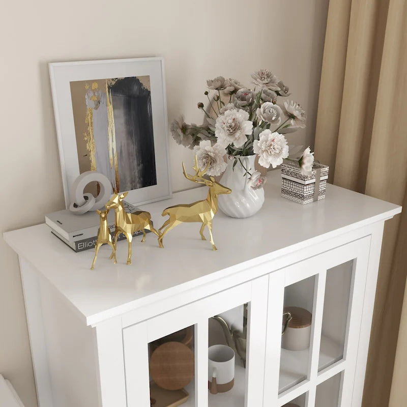 55.1H Buffet Lacquer Sideboard Storage Cabinet Glass Doors Bookcase