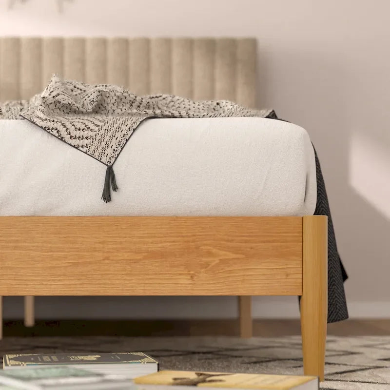 Priage by ZINUS Latte Wood Platform Bed Frame with Upholstered Headboard