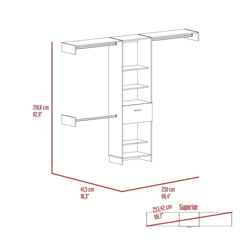 TUHOME Manchester 250 Closet System with 5 Open Shelves, 1 Drawer, and 3 Metal Rods - N/A