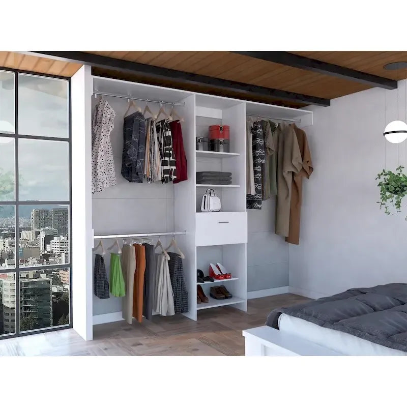 TUHOME Manchester 250 Closet System with 5 Open Shelves, 1 Drawer, and 3 Metal Rods - N/A