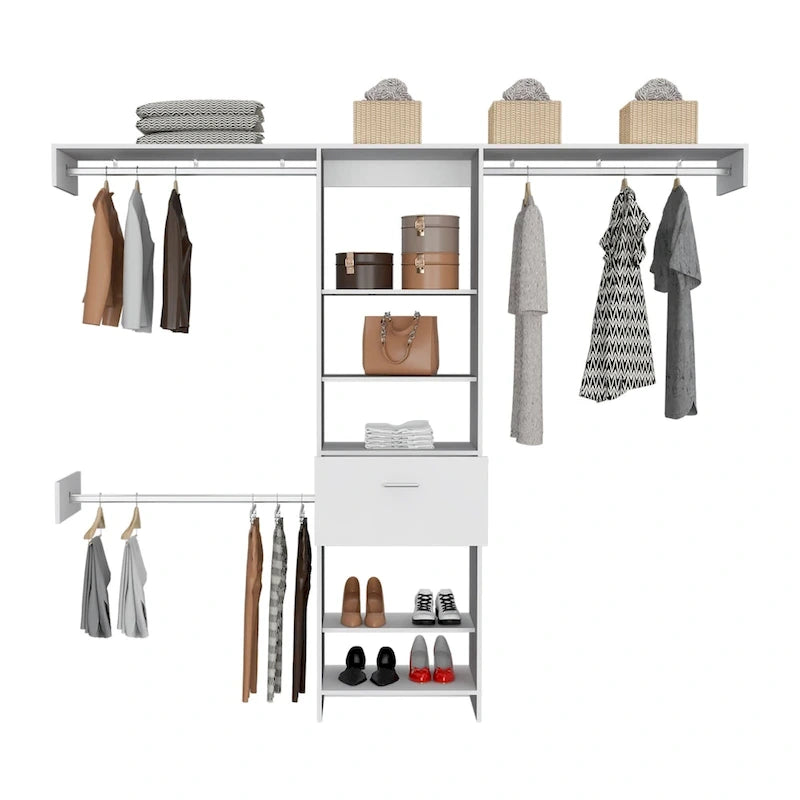 TUHOME Manchester 250 Closet System with 5 Open Shelves, 1 Drawer, and 3 Metal Rods - N/A