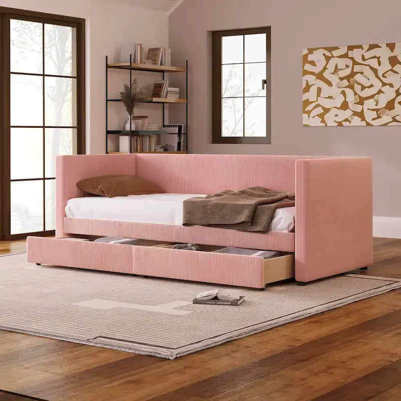 Upholstered Twin Size Daybed with Two Drawers