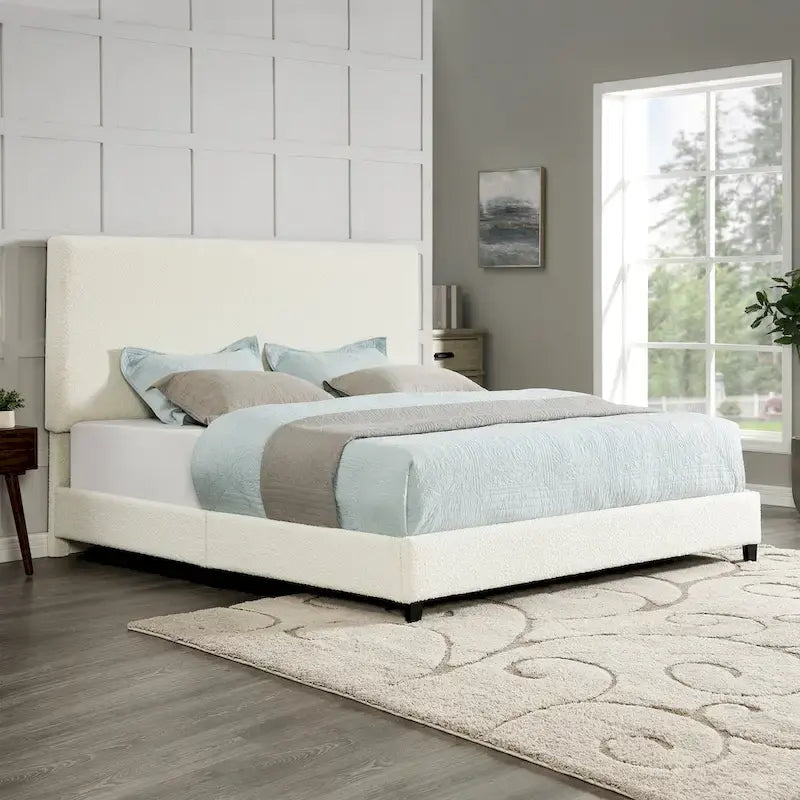 Bridgevine Home Tall White Boucle Panel Headboard Upholstered Platform Bed