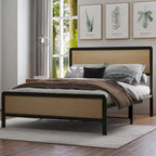 Platform Bed, Boho Cane Bed, Natural Rattan Headboard and Footboard