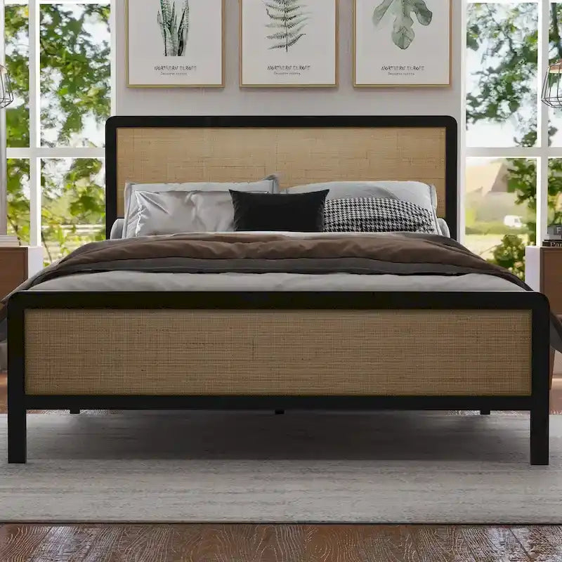 Platform Bed, Boho Cane Bed, Natural Rattan Headboard and Footboard