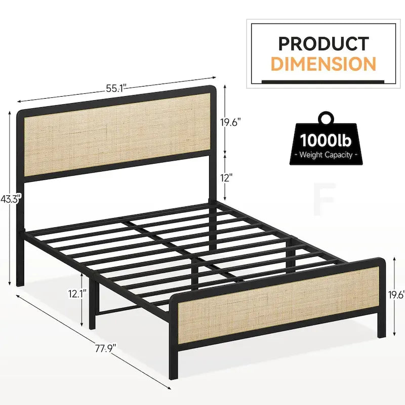 Platform Bed, Boho Cane Bed, Natural Rattan Headboard and Footboard