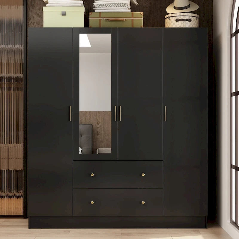 Timechee Wardrobe Armoire Wooden Closet with Mirror 4 Doors 2 Drawers