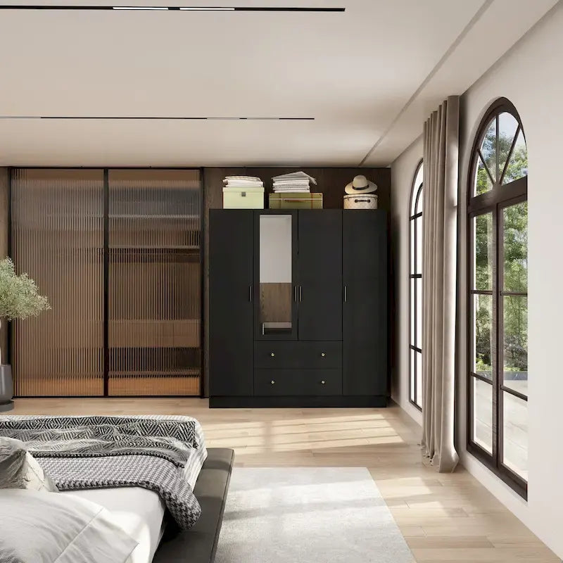 Timechee Wardrobe Armoire Wooden Closet with Mirror 4 Doors 2 Drawers