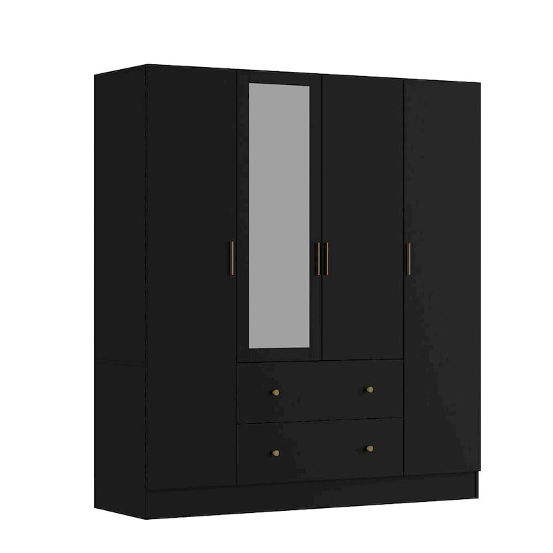 Timechee Wardrobe Armoire Wooden Closet with Mirror 4 Doors 2 Drawers