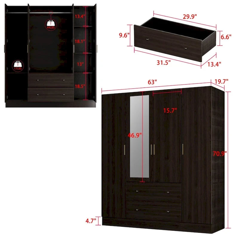 Timechee Wardrobe Armoire Wooden Closet with Mirror 4 Doors 2 Drawers